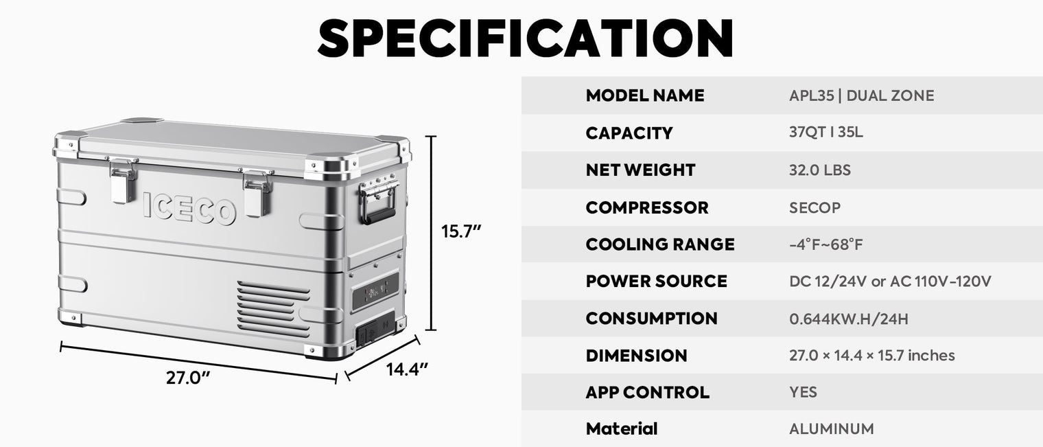 APL35 Dual Zone Aluminum Silver Fridge | ICECO | 35 LT