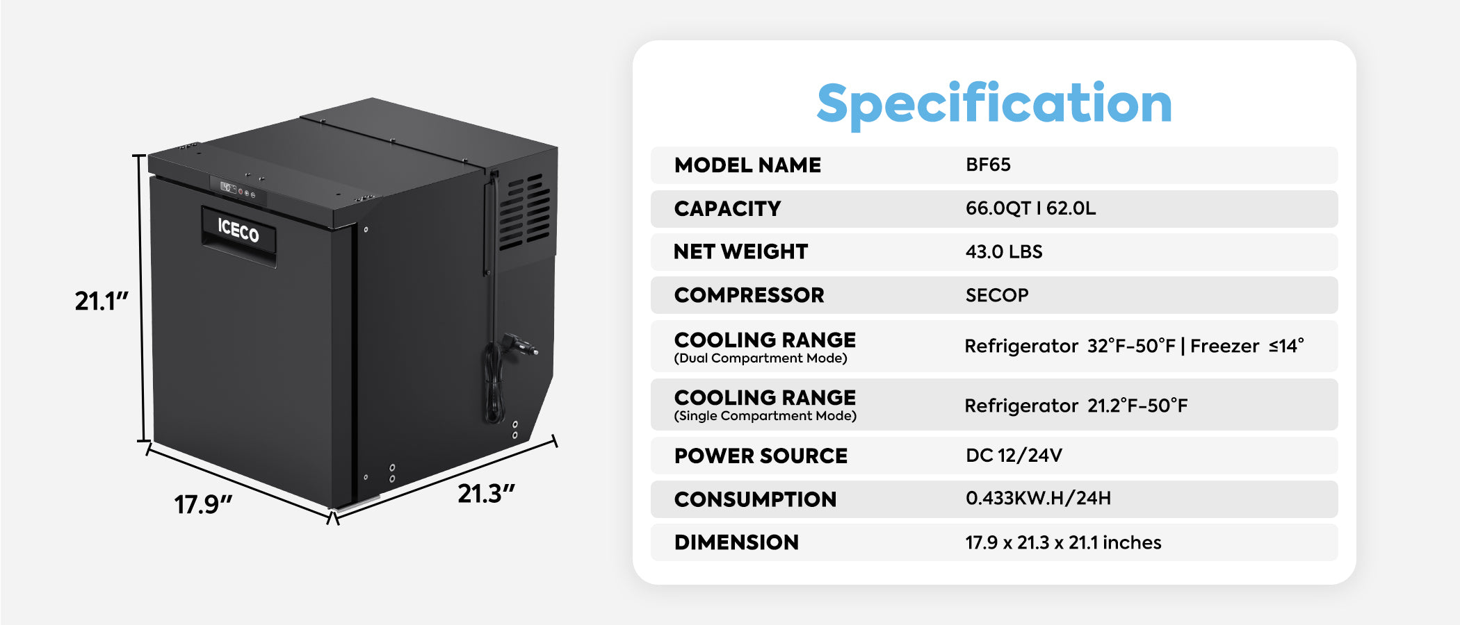BF65 RV/Truck Refrigerator/Freezer | ICECO | 62L – ICECO Wholesale