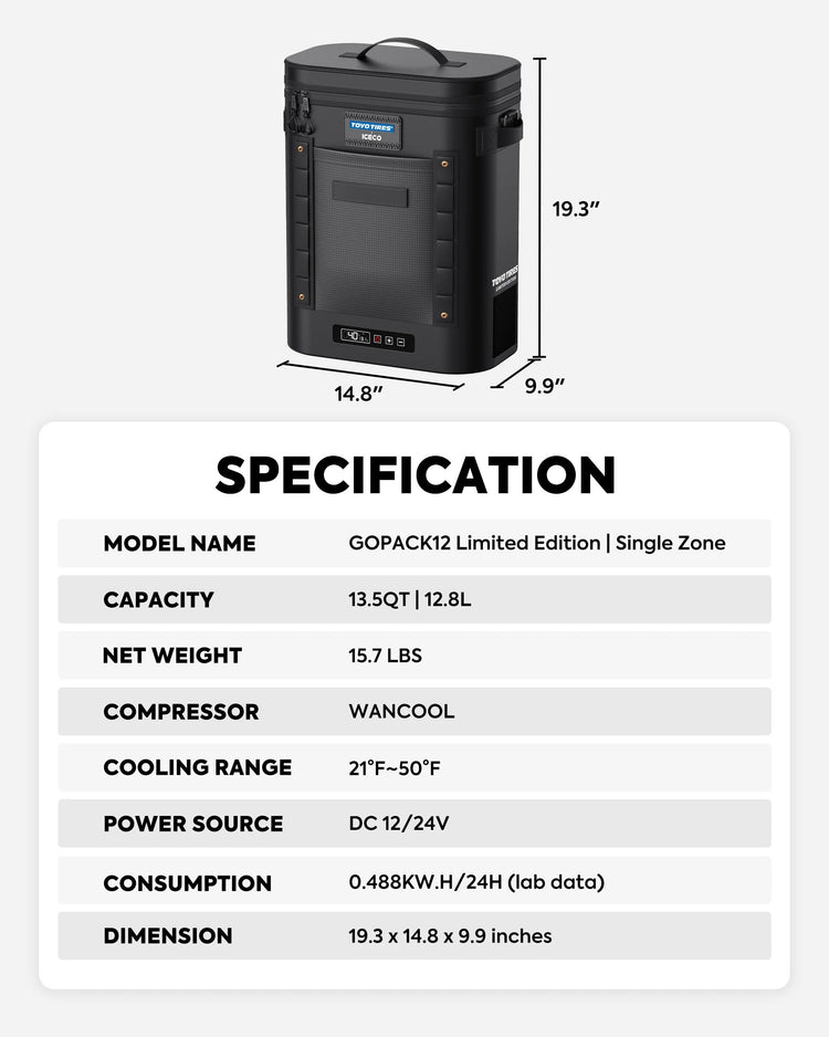 TOYO TIRES® Limited Edition GOPack12 Single Zone Portable Backpack Cooler | ICECO | 12L